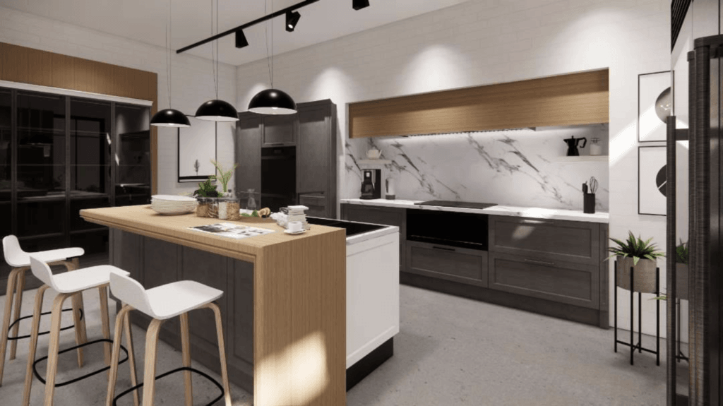 Ruang dapur moden dengan kabinet gelap, pulau dapur kayu dan kerusi bar putih