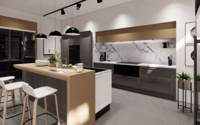 Ruang dapur moden dengan kabinet gelap, pulau dapur kayu dan kerusi bar putih